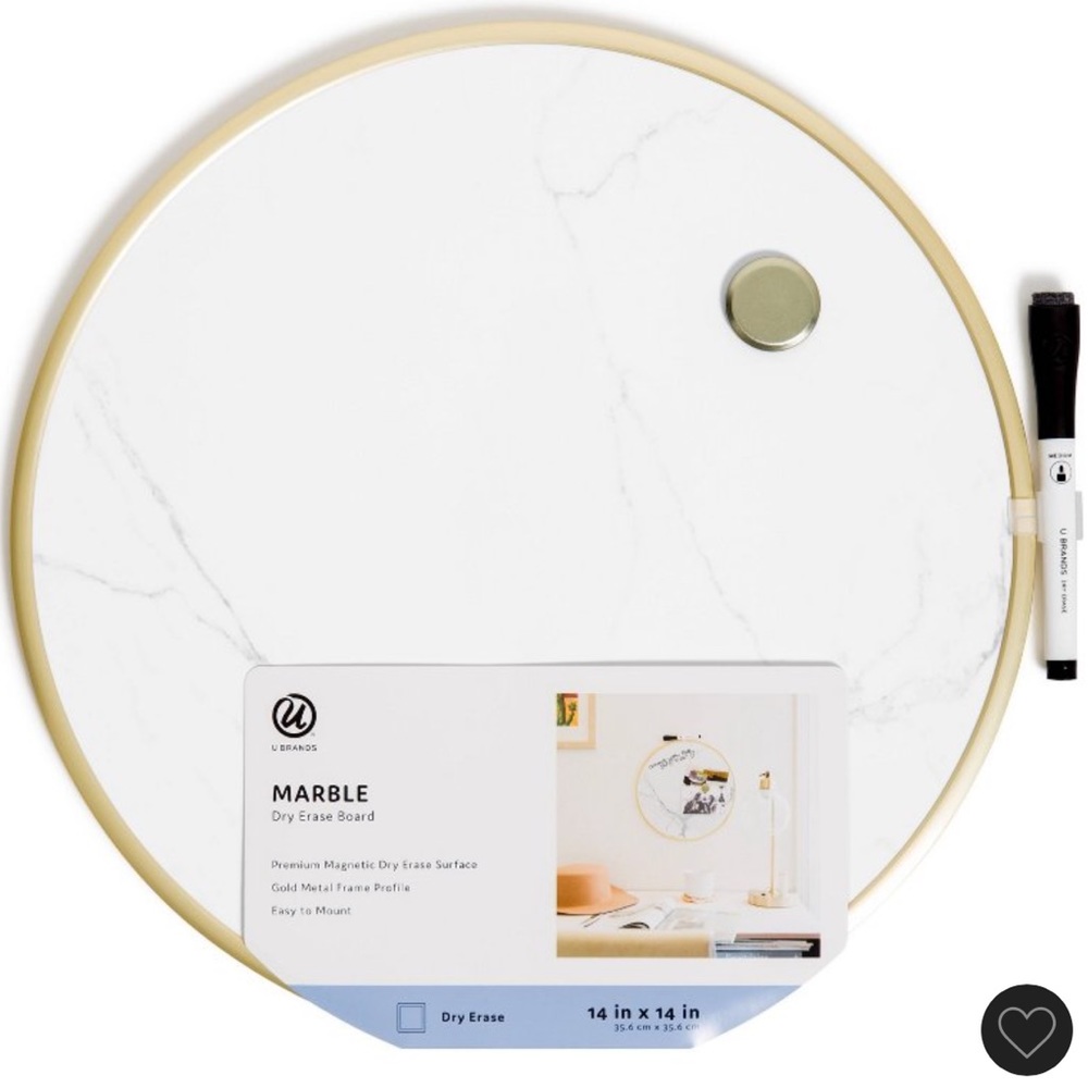 U Brands 14” Round Dry Erase Board with Gold Frame & Marble Print